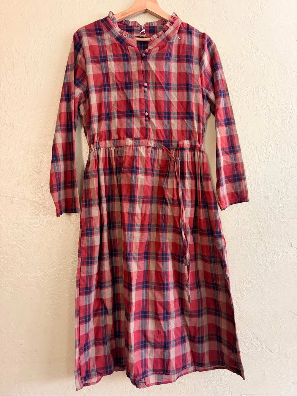 Plaid Tie-Waist Midi Dress in Red and Blue